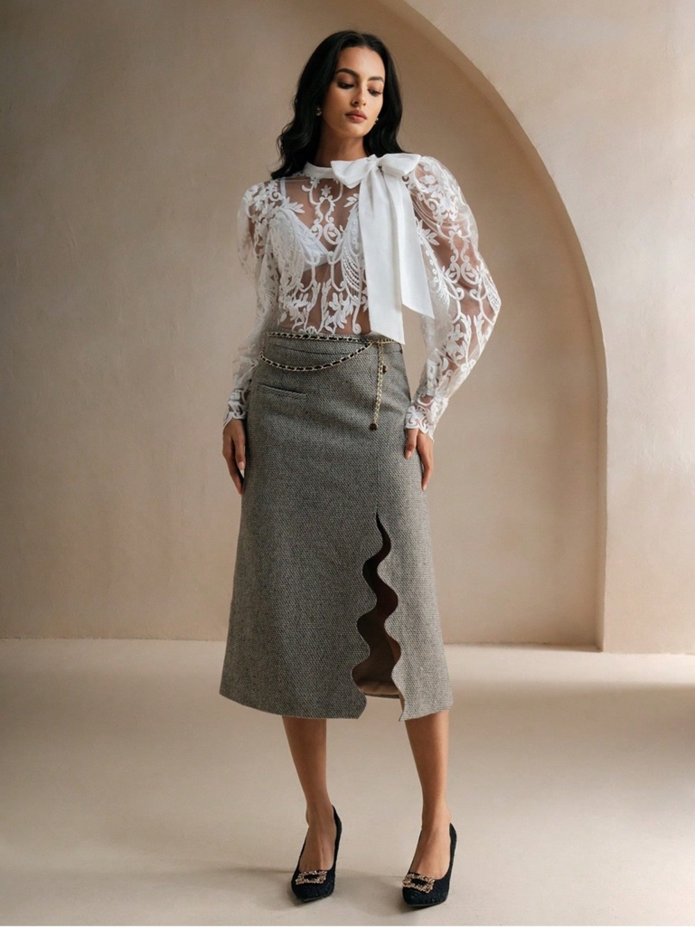 Commense Tweed Midi Skirt Neutral Textured A Line High Waist Womens XS New NWT